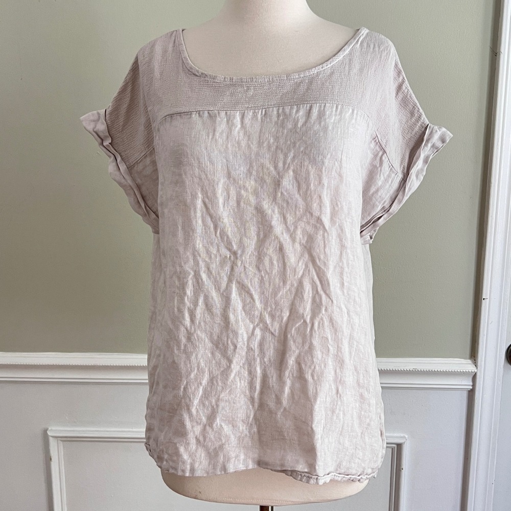Bellaumbia Linen Top Womens L Boxy Short Sleeve Made in Italy Cream Lagenlook